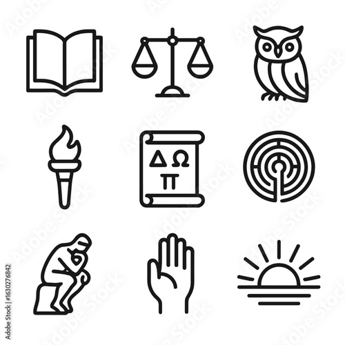 Philosophy Icon Set. Outline icon set of philosophical legacy: book of wisdom, scales of justice, owl, torch, scroll with symbols,