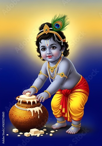 Divine depiction of little Krishna with butter pot - traditional indian art inspired by janmashtami
