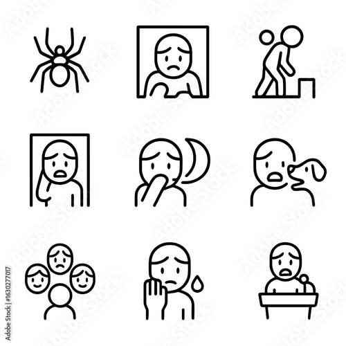 Phobias Icon Set. Outline icon set of phobias: arachnophobia, claustrophobia, acrophobia, agoraphobia, nyctophobia, cynophobia,