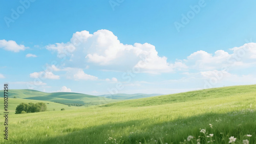 Rolling green hills under a bright blue sky with fluffy white clouds