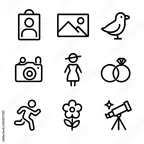 Photography Icon Set. Outline icon set of photography genres: portrait, landscape, wildlife, street, fashion, wedding, sports,