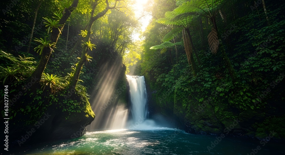 Fototapeta premium Sunbeams illuminate a hidden waterfall cascading into a lush, green jungle pool. Tranquil scene of nature.
