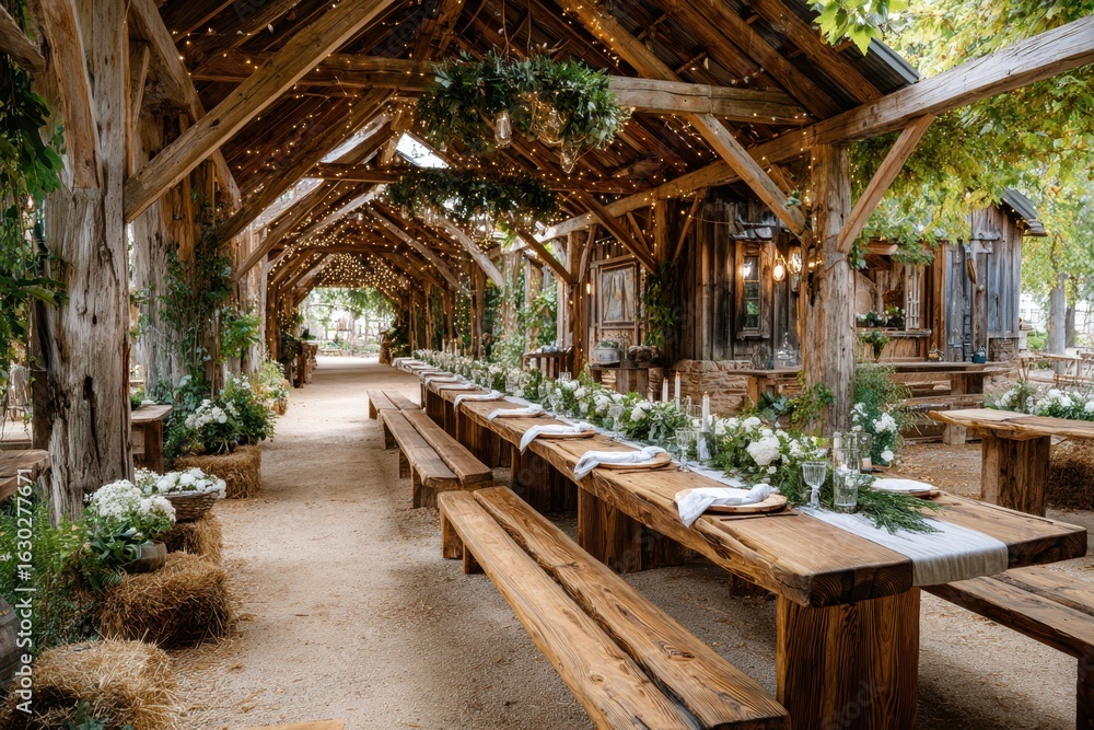 Fototapeta premium Rustic outdoor dining setup with wooden tables and floral decorations in a cozy barn