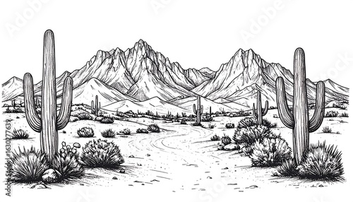 Black and white sketch of an arid desert landscape with cacti and mountains