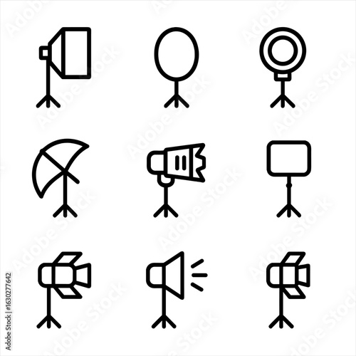 Photography Lighting Icons. Outline icon set of photography lighting: softbox, reflector, ring light, umbrella light, grid spot,