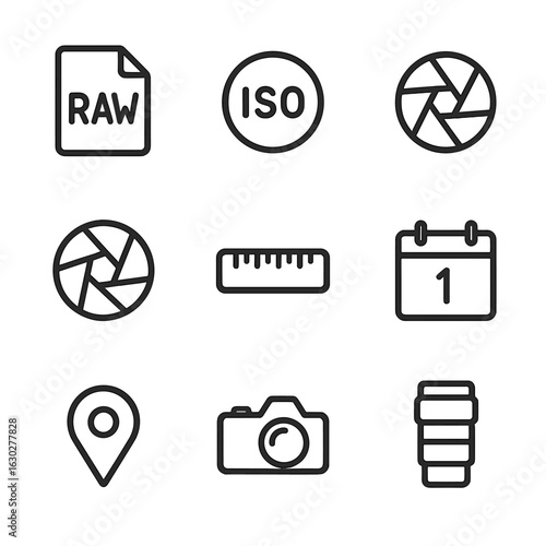 Photography Metadata Icons. Outline icon set of RAW metadata: EXIF tag, ISO value icon, shutter speed symbol, aperture icon, focal