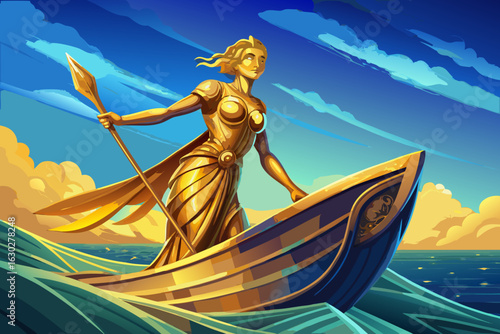 Golden warrior goddess navigates a ship through wavy seas under a dramatic sky