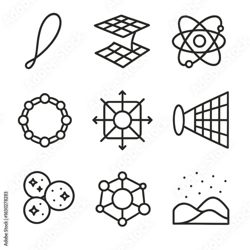 Physics Icon Set. Outline icon set of theoretical physics models: string theory, M-theory, quantum gravity, loop quantum gravity,