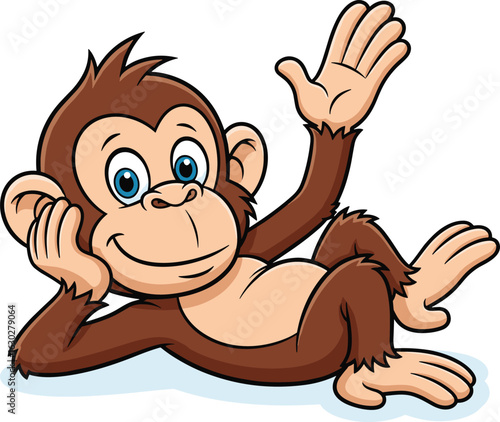 Cartoon Monkey Lying Down and Waving — Relaxed Jungle Character for Playful Themes, Kids Content, and Friendly Mascots.