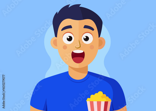Surprised young man holding popcorn ready to watch a movie