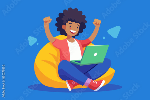 Excited person celebrating success while using a laptop on a beanbag chair