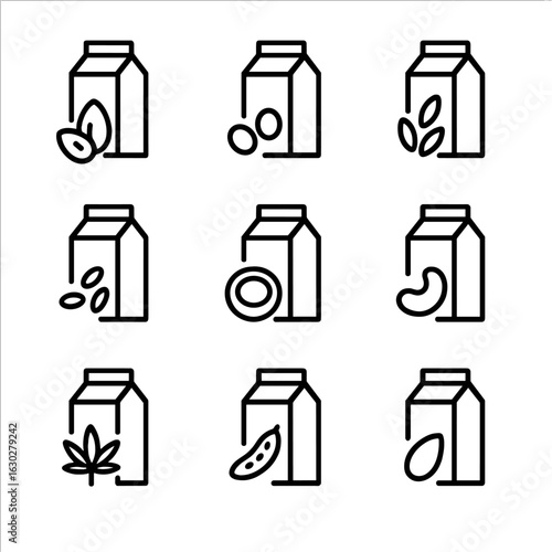 Plant-Based Milk Icons. Outline icon set of plant-based milks: almond milk, soy milk, oat milk, rice milk, coconut milk, cashew