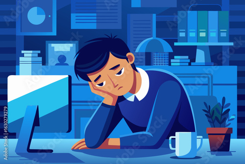Bored office worker feeling tired and unmotivated at desk