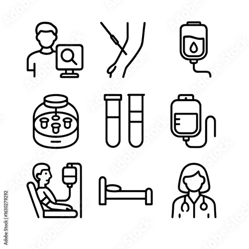 Plasma Donation Icons. Outline icon set of plasma donation process: screening, needle insertion, blood collection, centrifugation,