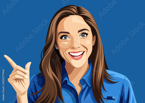 Smiling woman pointing and wearing a blue shirt