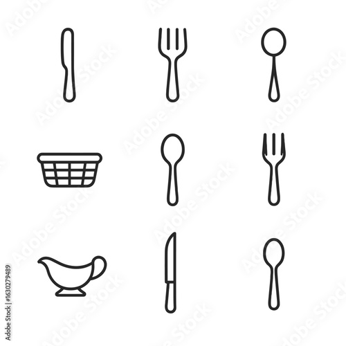Plated Service Icons. Outline icon set of plated service utensils: butter knife, serving fork, gravy ladle, bread basket, soup