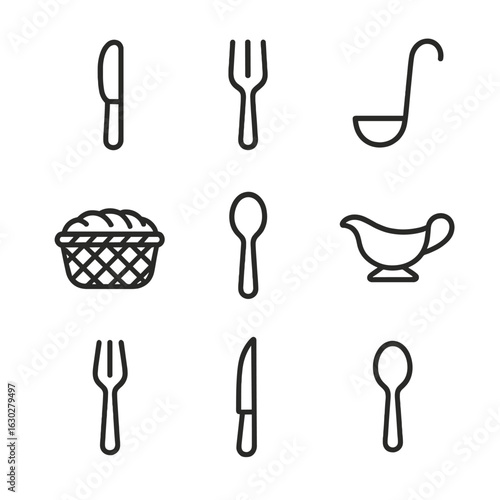 Plated Service Icons. Outline icon set of plated service utensils: butter knife, serving fork, gravy ladle, bread basket, soup