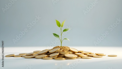 Small green plant growing from pile of golden coins on white surface