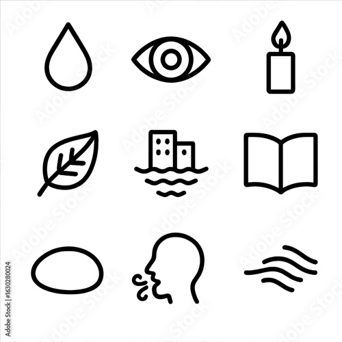 Poetic Icon Set. Outline icon set of poetic visuals: raindrop, eye close-up, flickering candle, fluttering leaf, city reflection,