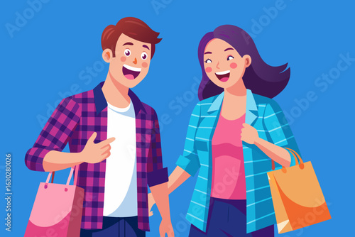 Happy couple shopping together with colorful bags