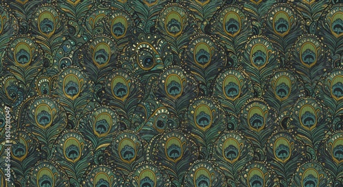 A seamless pattern of peacock feathers creates a rich and textured background, showcasing iridescent colors and intricate details
