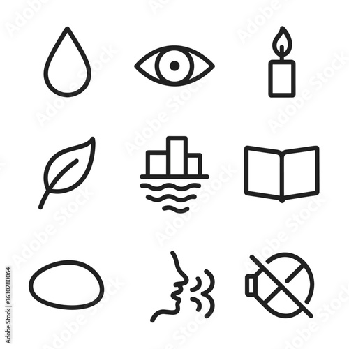 Poetic Icon Set. Outline icon set of poetic visuals: raindrop, eye close-up, flickering candle, fluttering leaf, city reflection,
