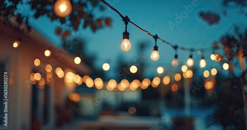 Outdoor string lights illuminate a patio at dusk.  Blurred background reveals a residential area