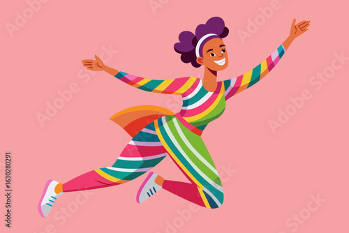 Joyful woman in colorful striped outfit leaping with arms outstretched