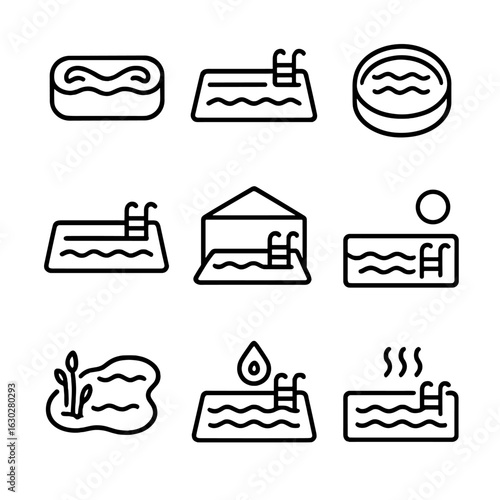 Pool Icon Set. Outline icon set of pool types: infinity pool, lap pool, kiddie pool, plunge pool, indoor pool, outdoor pool,