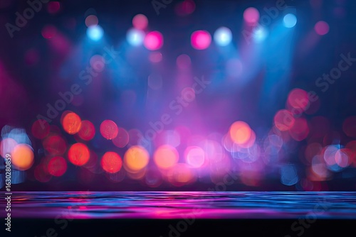 Vibrant stage lights reflecting on a dark surface
