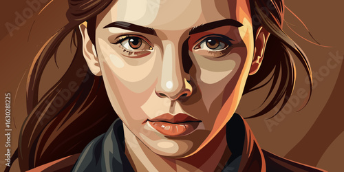 Close up portrait of a woman with intense gaze and warm lighting