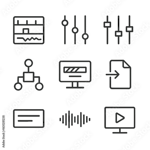 Post-Production Icons. Outline icon set of post-production workflow: editing timeline, color grading panel, sound mixer, visual