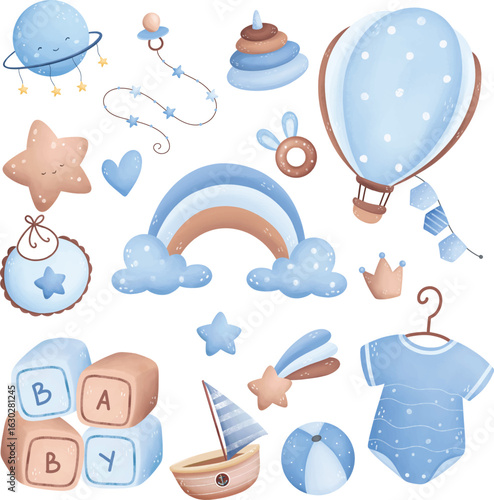 Watercolor Illustration Cute Vector Set of Classic Nursery Theme for Baby Boy