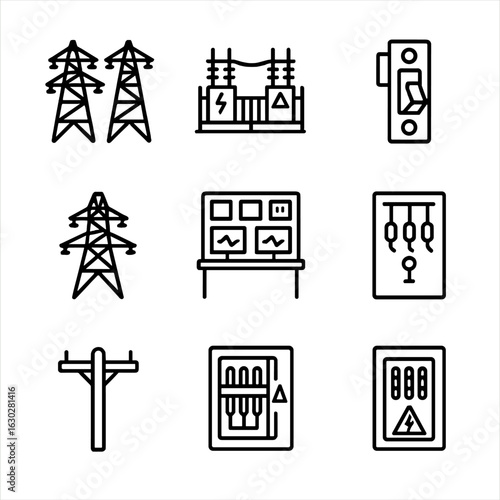 Power Grid Icons. Outline icon set of power grid elements: power lines, substation, circuit breaker, control room, power tower,