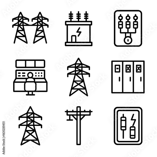 Power Grid Icons. Outline icon set of power grid elements: power lines, substation, circuit breaker, control room, power tower,