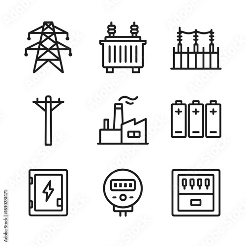 Power Infrastructure Icons. Outline icon set of power infrastructure: power lines, transformer, substation, electric pole, power