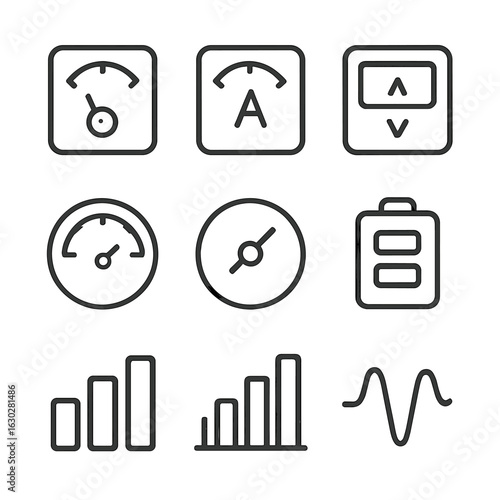 Power Measurement Icons. Outline icon set of power measurement: voltmeter, ammeter, wattmeter, energy meter, gauge, dial, battery