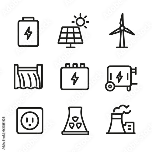 Power Source Icons. Outline icon set of power sources: battery, solar panel, wind turbine, hydroelectric dam, fuel cell, generator