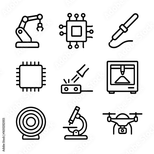 Precision Technology Icons. Outline icon set of precision in technology: robotic arm, circuit board, soldering iron, microchip,