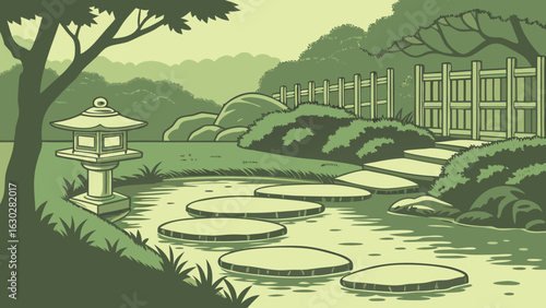 Illustration of a serene japanese garden with stepping stones lantern and lush green foliage landscape