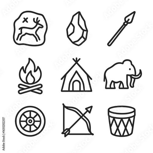 Prehistoric Icons Collection. Outline icon set of early human history: cave painting, stone tool, spear, fire, hut, mammoth, wheel