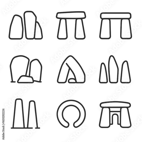 Prehistoric Stone Icon Set. Outline icon set of prehistoric stone sites: ancient megaliths, dolmen stones, stonehenge view, stone