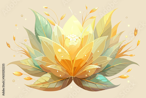Radiant golden lotus flower with green leaves and dewdrops
