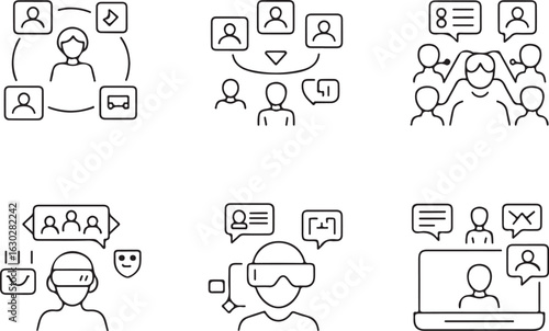 Digital communication and virtual reality icon set