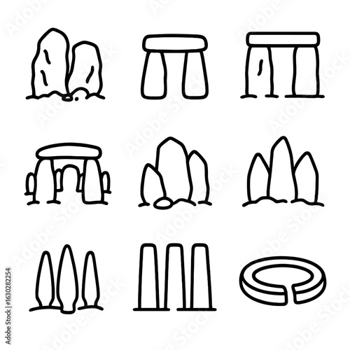 Prehistoric Stone Icon Set. Outline icon set of prehistoric stone sites: ancient megaliths, dolmen stones, stonehenge view, stone