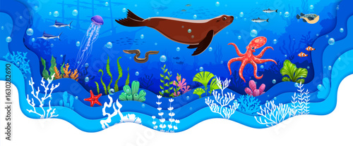Paper cut underwater landscape with seal, octopus and fish shoals. Ocean underwater life 3d paper cut vector landscape with aquatic mammal animals characters, seaweed plants and sunken ship silhouette