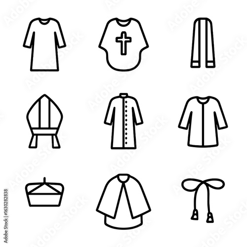 Priest Garment Icons. Outline icon set of priest garments: alb, chasuble, stole, mitre, cassock, surplice, biretta, cope, cincture