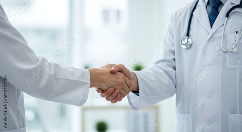 A close-up of a firm handshake between two medical professionals, representing collaboration and agreement in the healthcare field.