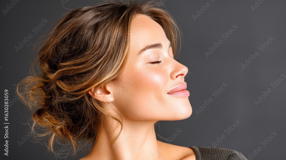 Fototapeta premium Woman with styled hair and natural makeup smiling with eyes closed in profile view