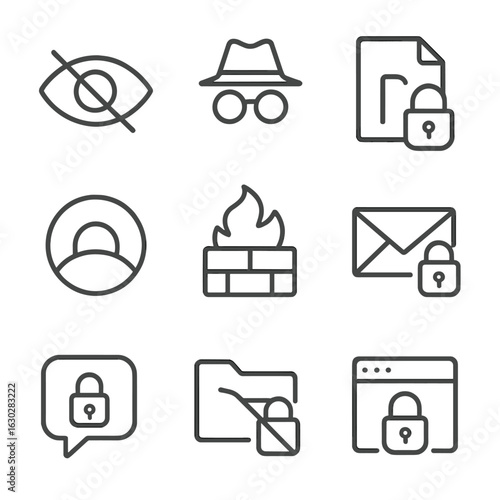 Privacy Icon Set. Outline icon set of privacy protection: eye with slash, incognito icon, private file, VPN tunnel, firewall